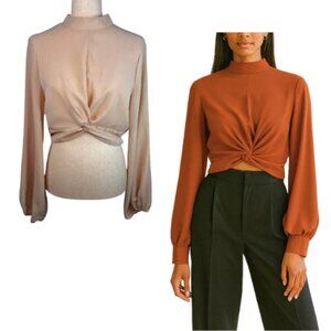 AVANOVA Beige Cropped Twist Front Mockneck Balloon Sleeve Blouse Size L